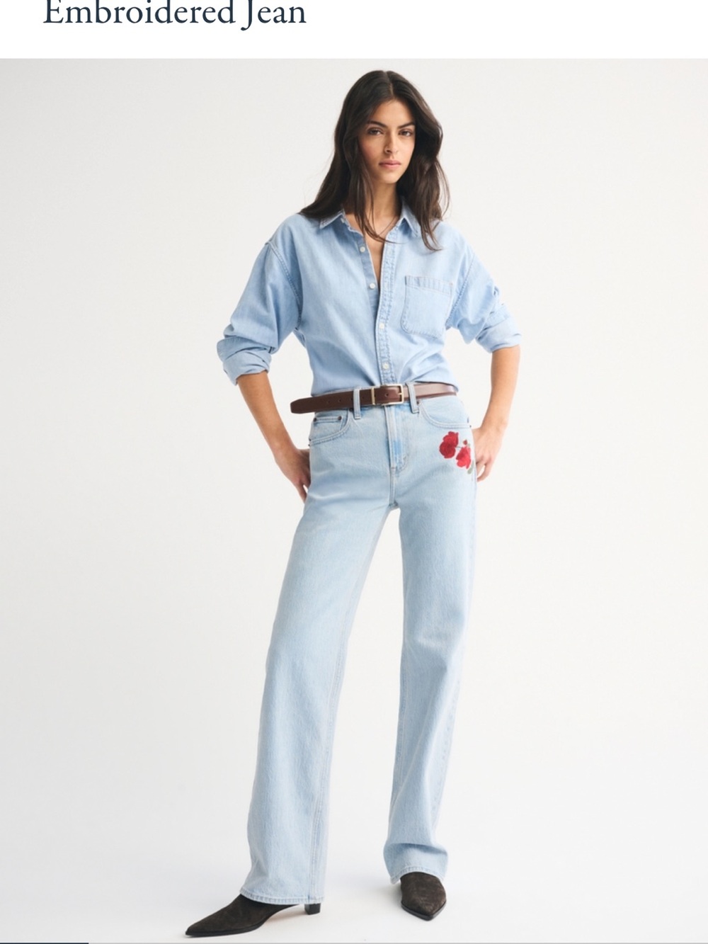 Abercrombie & Fitch Light Blue High-Rise Jeans with Red Floral Embroidery